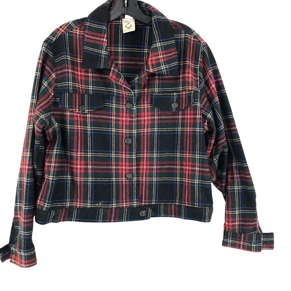 Home Grown short wool jacket women's L Christmas plaid‎ colors tweed feel Y2K
